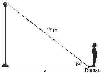 Solve for x roman is standing away from a flag pole, how far away is he standing.-example-1