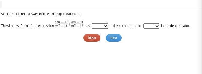 Select the correct answer from each drop-down menu. The simplest form of the expression-example-1