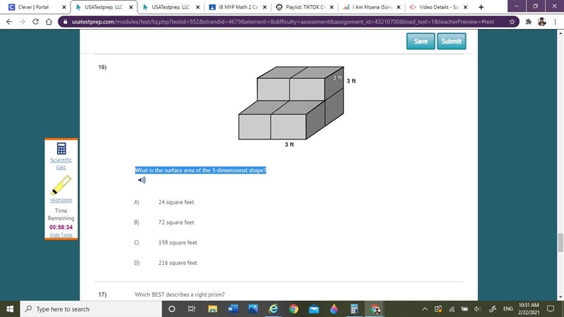 What is the surface area of the 3-dimensional shape? please help quick 3 ft 3 ft 3 ft-example-1