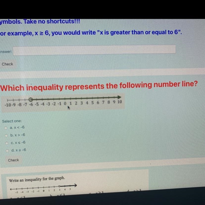 Which inequality represents the following number line? + -10-9 -8 -7 -6 -5 -4 -3 -2 -1 0 1 2 3 4 5 6 7 8 9 10 Select-example-1