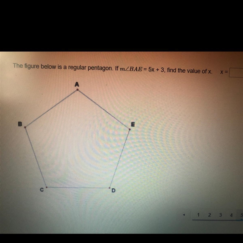 The figure below is a regular pentagon. If mZBAE = 5x + 3, find the value of x.-example-1