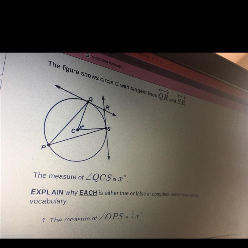 The figure shows circle C with tangent lines QR and SR. The measure of ZQCS is x° EXPLAIN-example-1