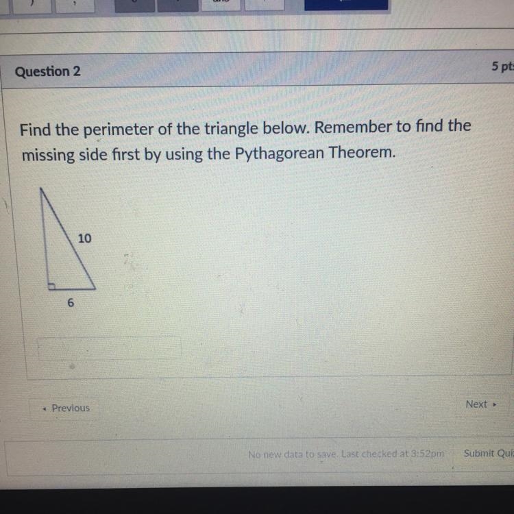 Find the perimeter of the triangle below. Remember to find the missing side first-example-1