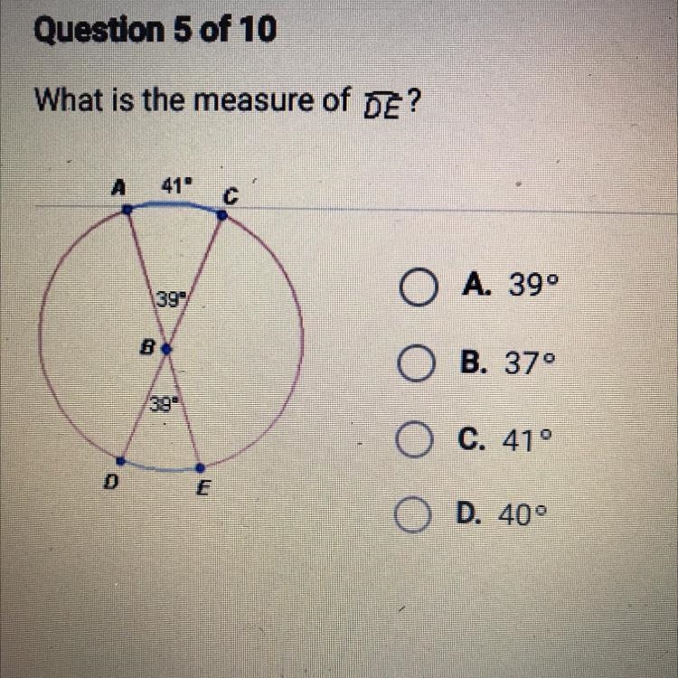 What is the measure of DE? A. 39° B. 37° C. 41° D. 40°-example-1