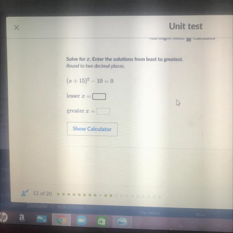 Solve for x. Enter the solutions from least to greatest. (x+15)^2-10=0-example-1