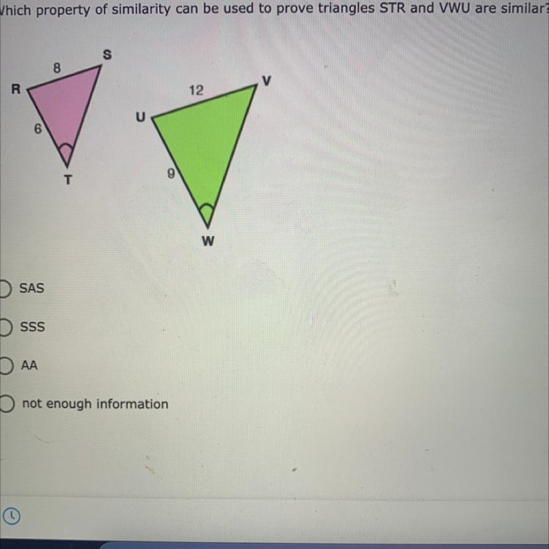 3. Which property of similarity can be used to prove triangles STR and VWU are similar-example-1