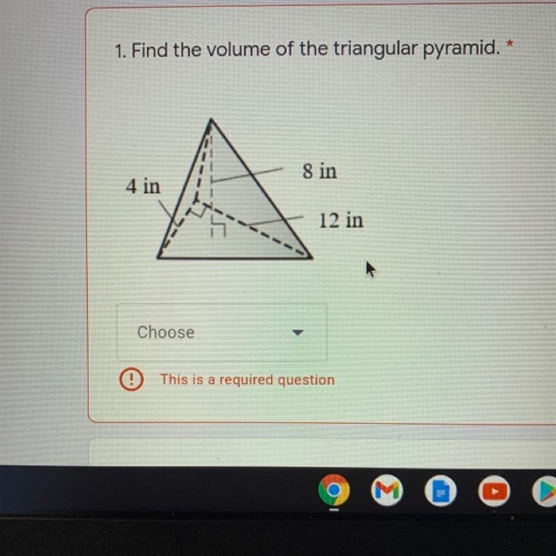 Find the volume of the triangular pyramid. A. 192 cubic inches B. 128 cubic inches-example-1