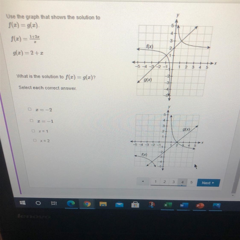 Use the graph that shows the solution to f(x) = g(x). f(x) = 1+2x/x= g(x) = 2+x What-example-1