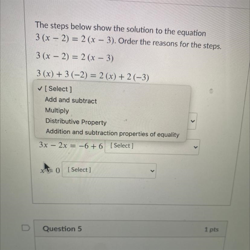 The steps below show the solution to the equation 3 (x - 2) = 2 (x – 3). Order the-example-1