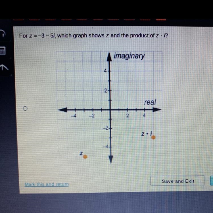 For z=-3-5i, which graph shows z and the product z•i?-example-1