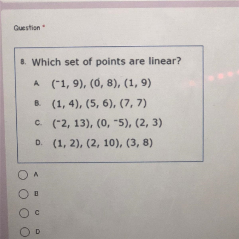 Pls help i’m struggling what set of points are linear-example-1