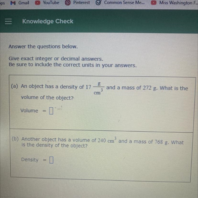 (a) An object has a density of 17 g. 3 cm and a mass of 272 g. What is the volume-example-1