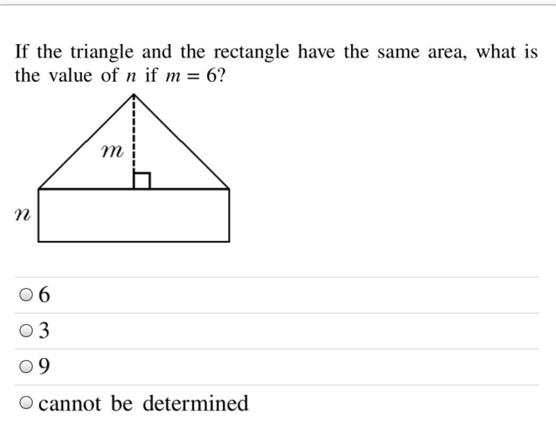 If the triangle and the rectangle have the same area, what is the value of n if m-example-1