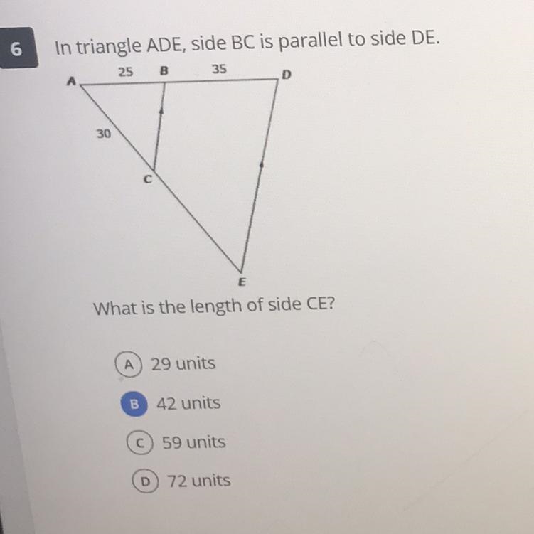 NEED HELP!!! In triangle ADE, side BC is parallel to side DE. What is the length of-example-1