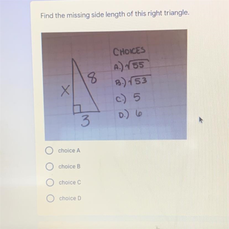 Find the missing side length of this right triangle-example-1