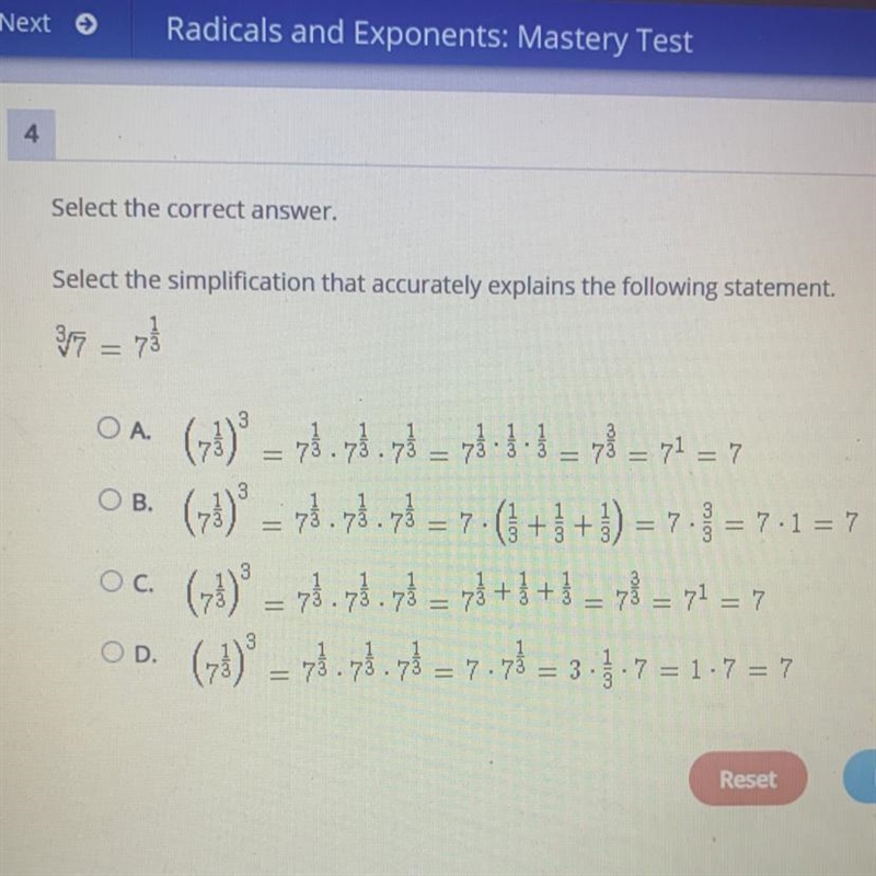 HELP ASAP Select the correct answer. Select the simplification that accurately explains-example-1