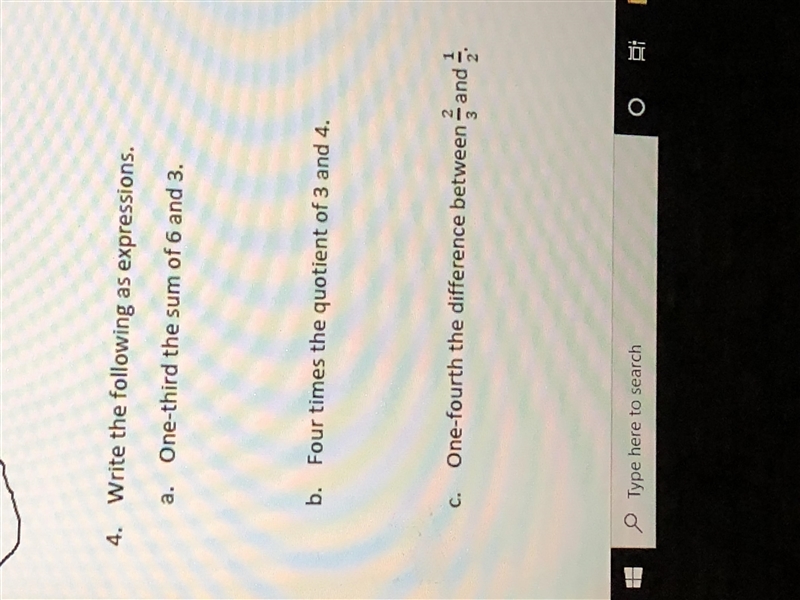 PLEASE HELP ASAP. Write the following as expressions. A.) One-third the sum of 6 and-example-1