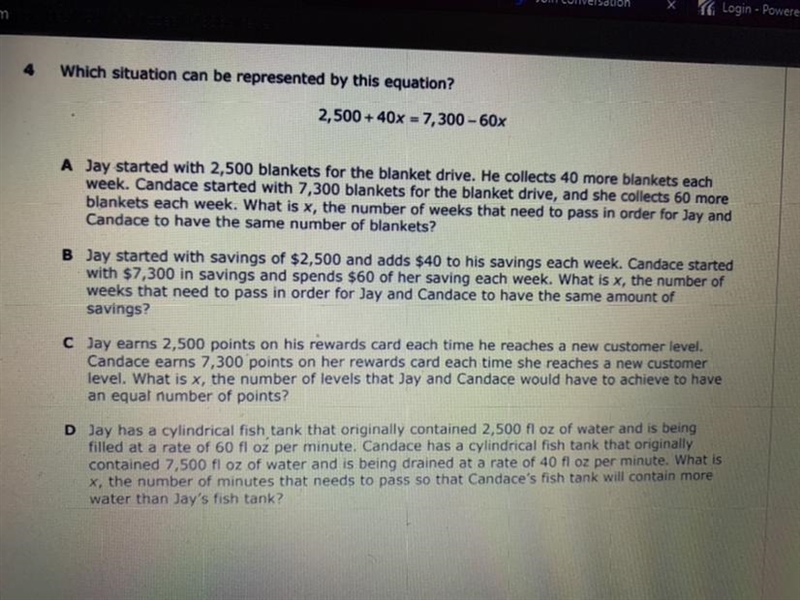 Which situation can be represented by this equation? 2,500 + 40x = 7,300-60x-example-1