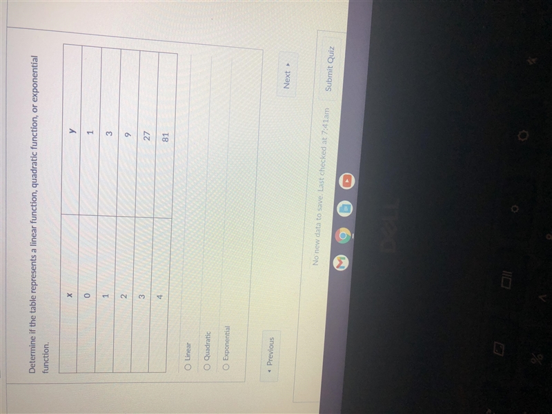 Determine if the table represents a linear function, quadratic function, or exponential-example-1