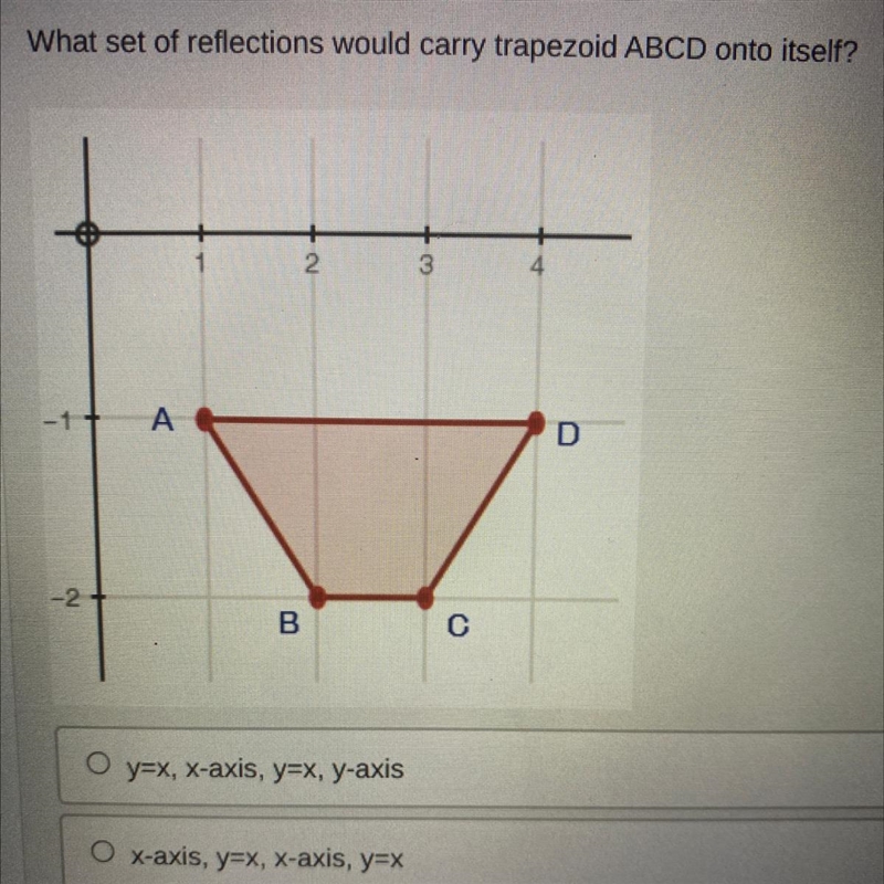 What set of reflections would carry trapezoid ABCD onto itself? y=x, x-axis, y=x, y-example-1