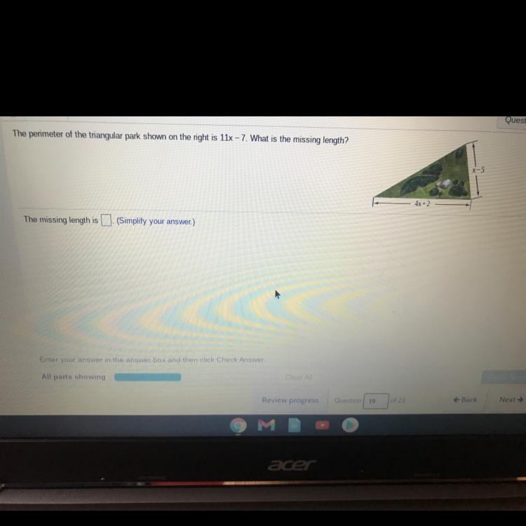 The perimeter of the triangular park shown on the right is 11x - 7. What is the missing-example-1