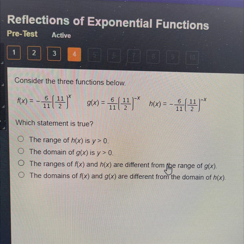 Which statement is true? The range of h(x) is y> 0. The domain of g(x) is y&gt-example-1