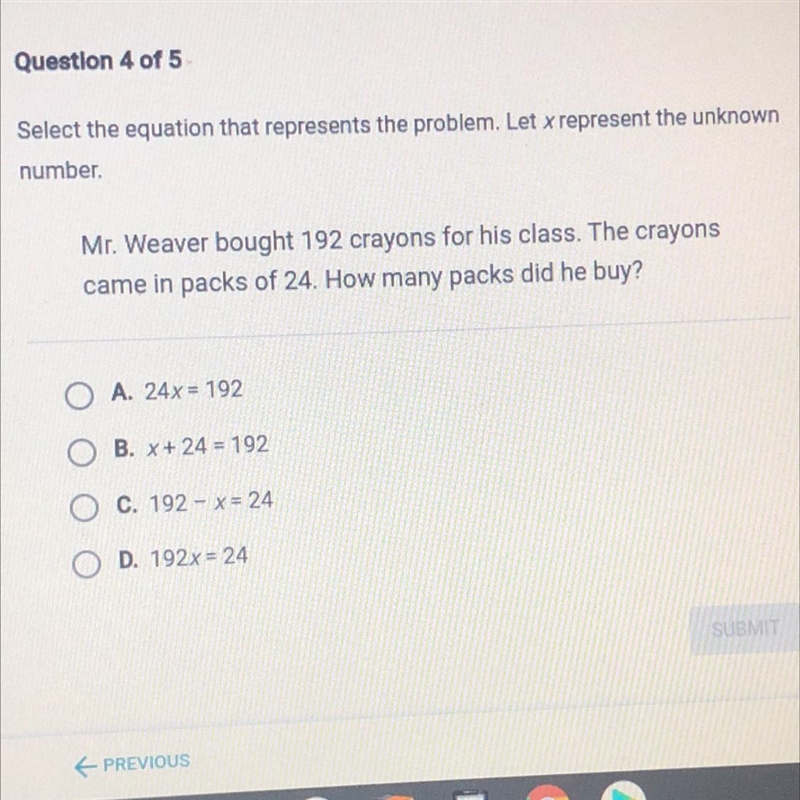 Select the equation that represents the problem. Let x represent the unknown number-example-1