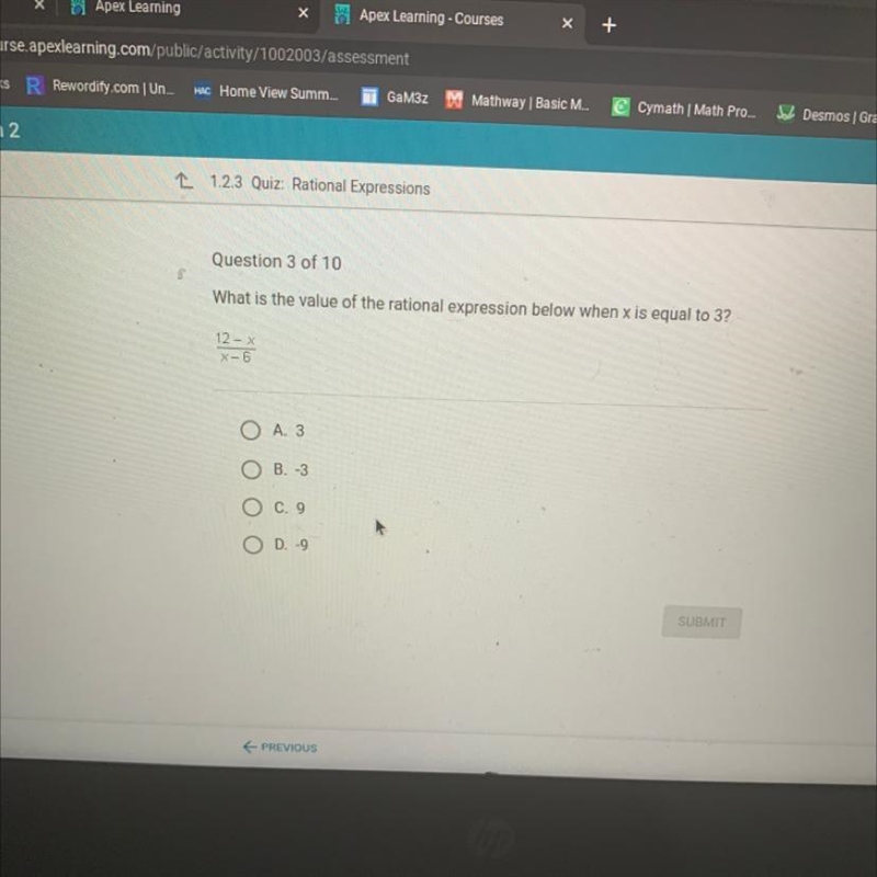 What is the value of the rational expression below when x is equal to 3? 12 - x/X-example-1