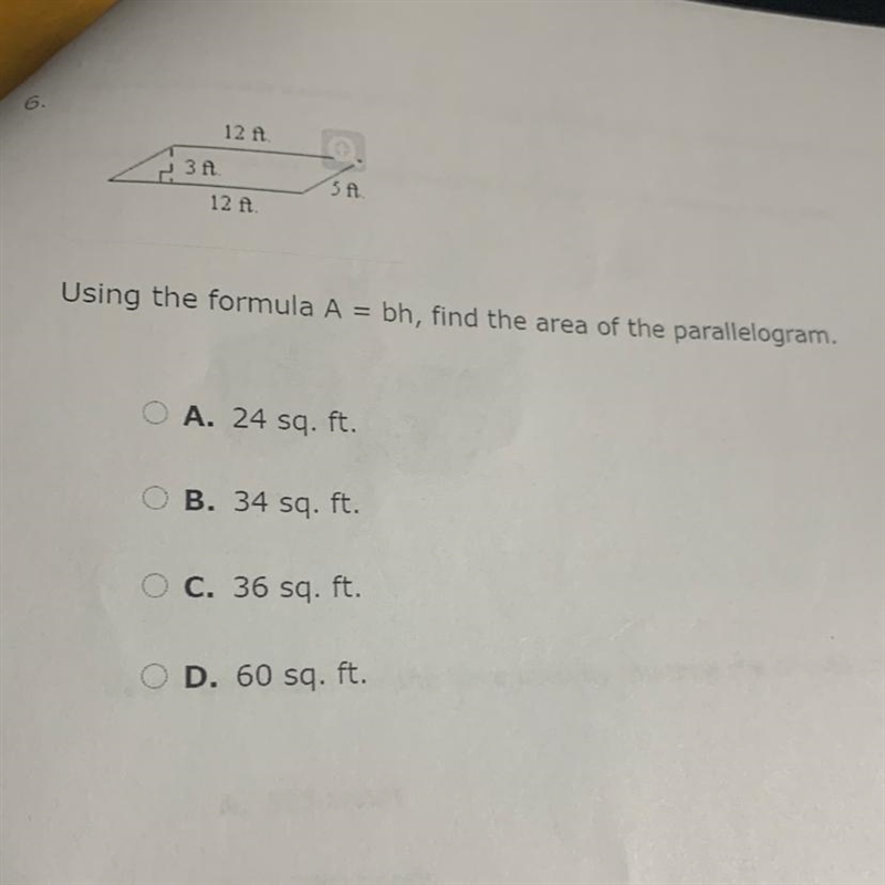 Using the formula A = bh, find the area of the parallelogram-example-1