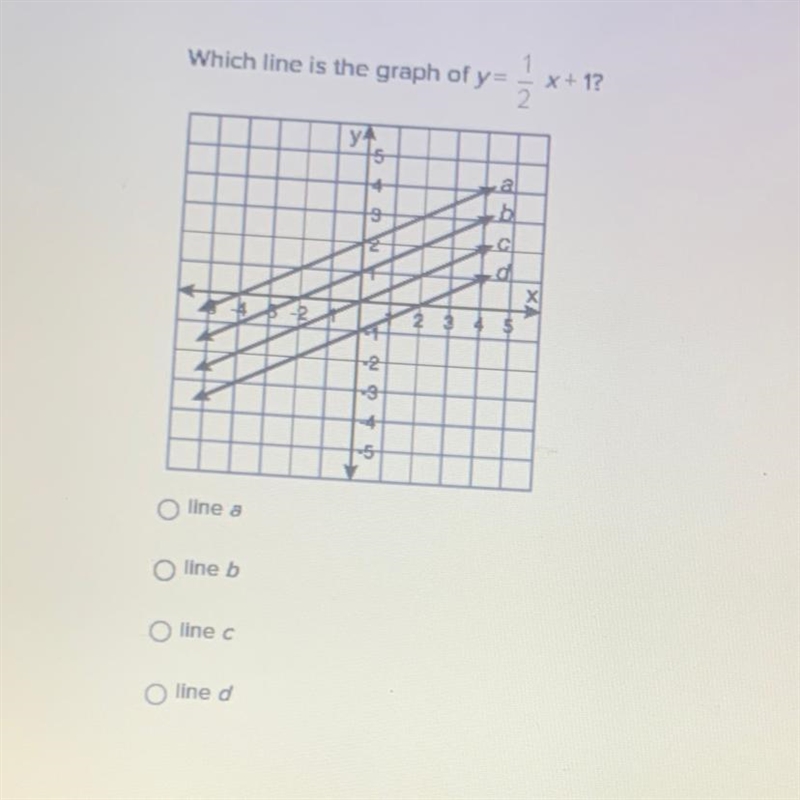 Please help me!! <3 Which line is the graph of y= 1/2 x + 1? y 5 4 a b 3 х 2 3 4 5 -2 -3 -4 -5 line-example-1