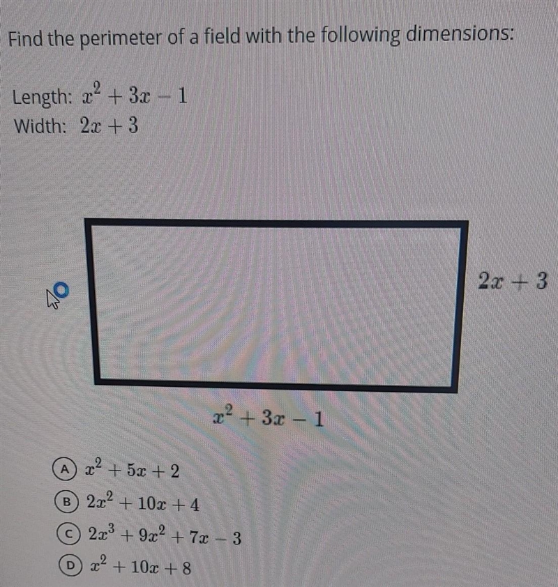 Find the perimeter of a field with the following dimensions: Length: x² + 3x - 1 Width-example-1