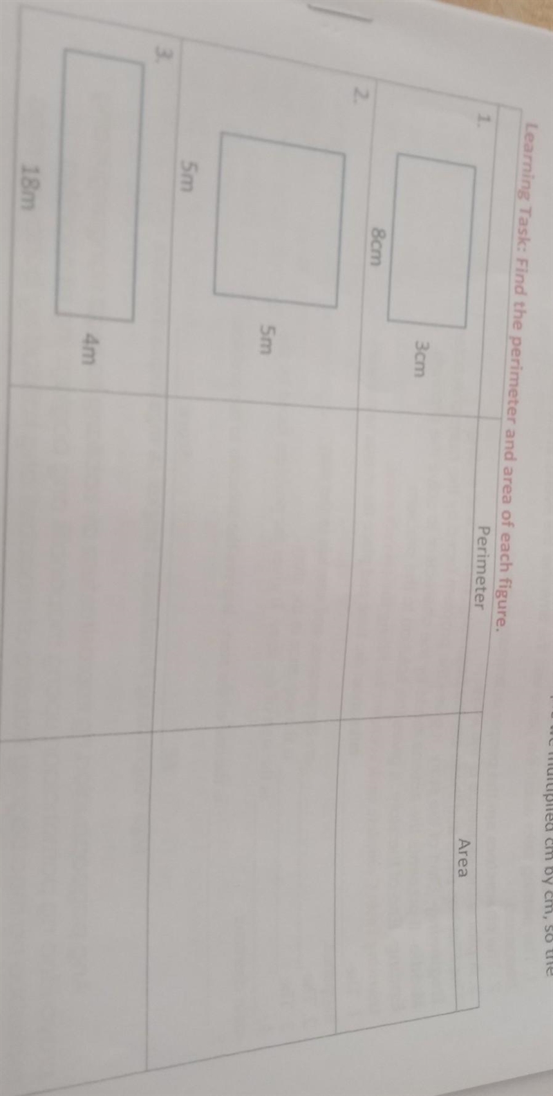 Learning Task Find the perimeter and area of each figure Perimeter Area om som So-example-1