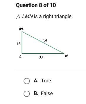 LMN is a right triangle. A= True B= False-example-1