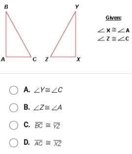 What else would need to be congruent to show that triangle ABC ≅ triangle XYZ by ASA-example-1