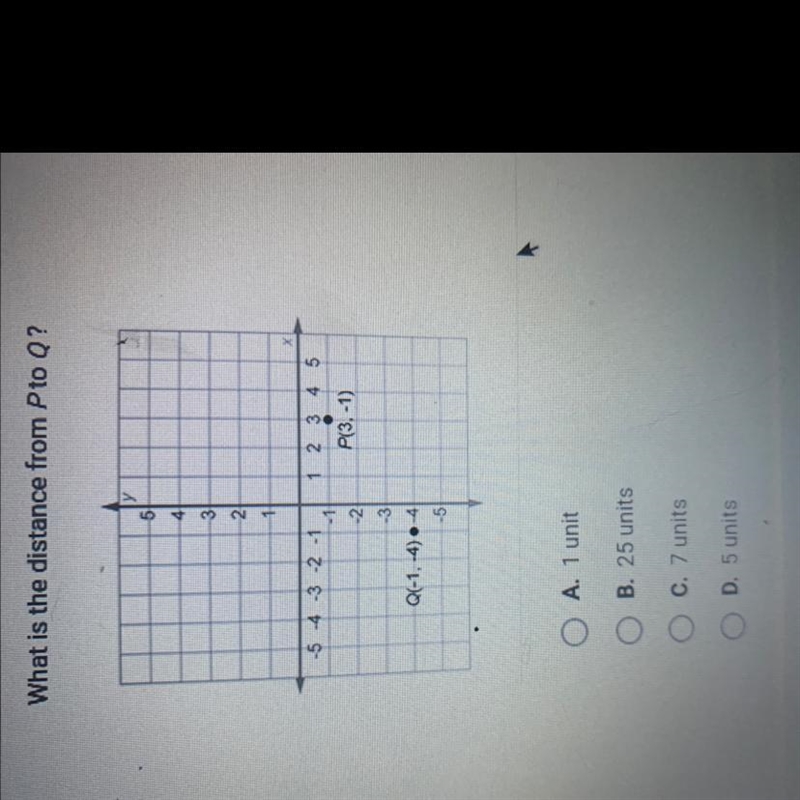 What is the distance from P to Q? A. 1 unit B. 25 units C. 7 units D. 5 units-example-1