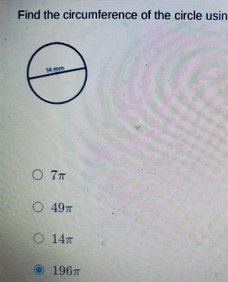 Find the circumference of the circle using C = pi•D​-example-1