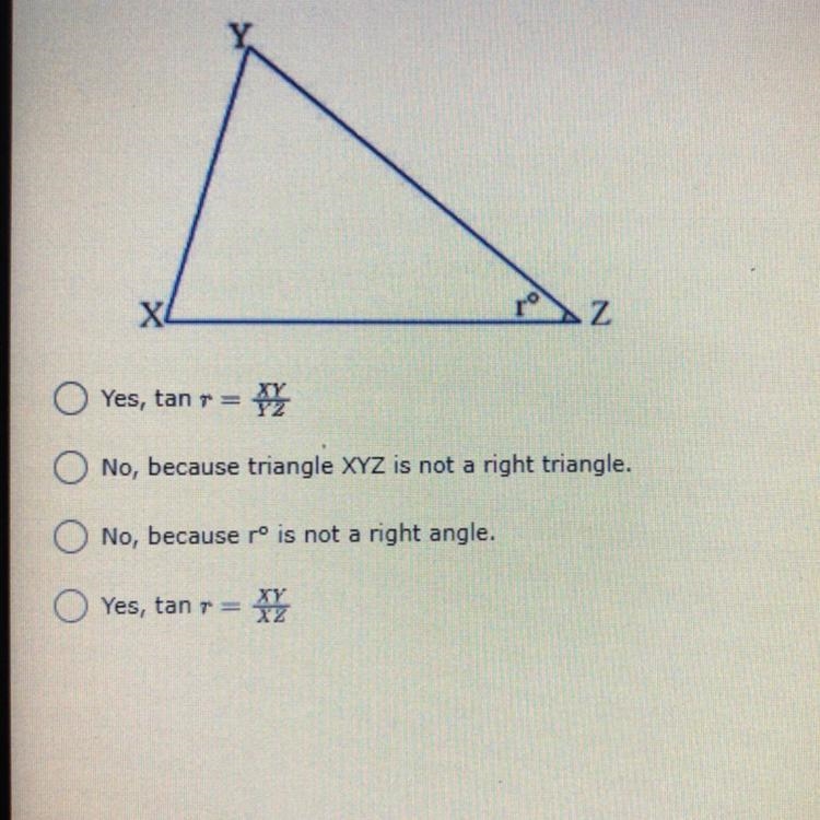 For acute triangle XYZ below, can you find the tangent ratio of angle rº?-example-1