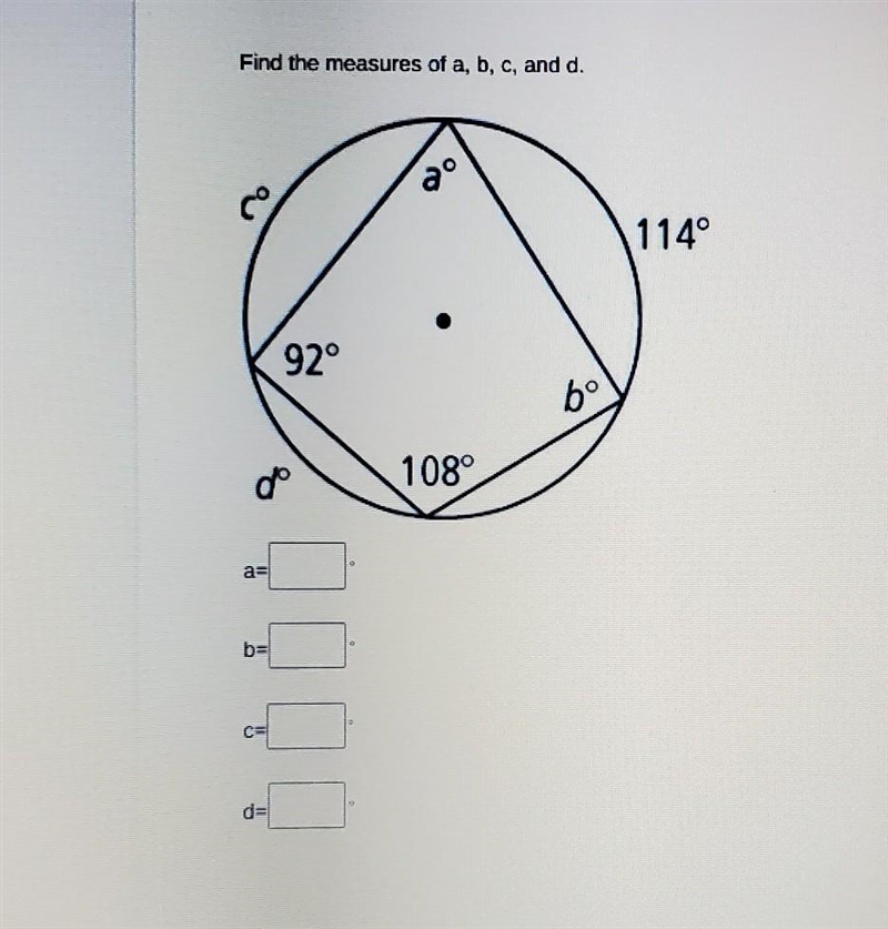 I need to find the angles of A, B, C, and D. I've had a seriously hard time with Circle-example-1