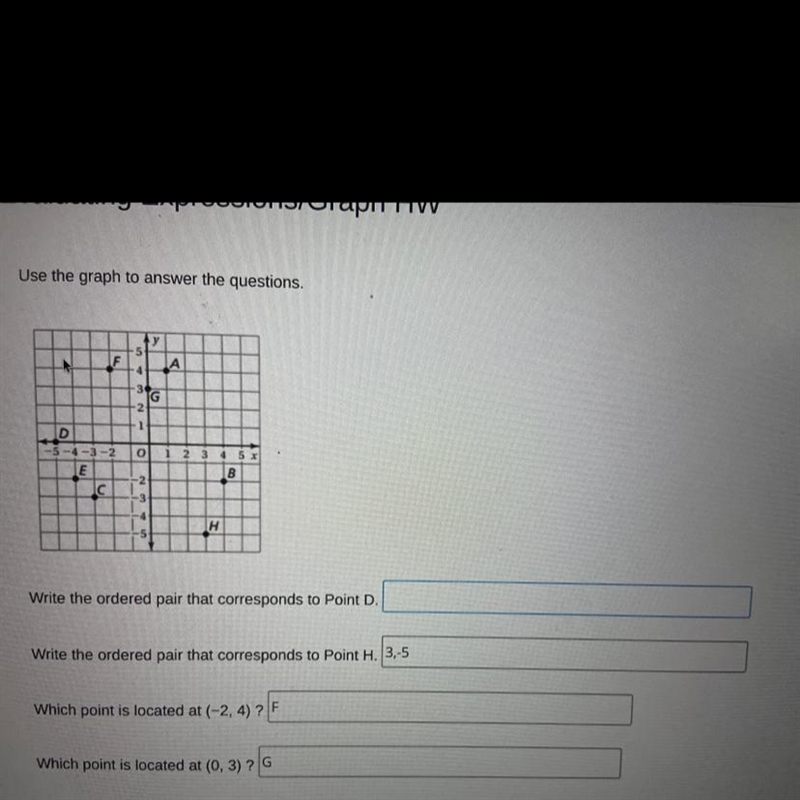 Help please with number 1. Writw the orderd pair that coresponds to Point H.-example-1