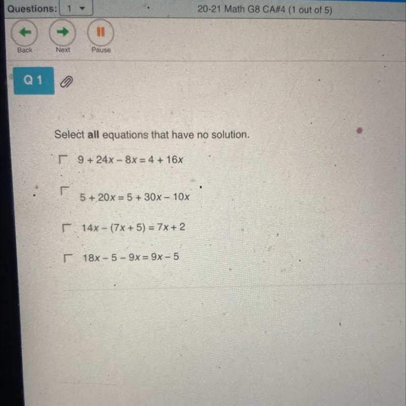 Select all equations that have no solution. 9 + 24x - 8x = 4 + 16x 5 + 20x = 5 + 30x-example-1