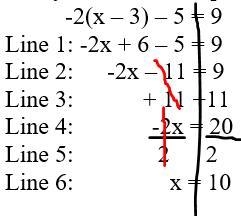 HELP PLEASE QUICK { Mark incorrectly solved the equation -2(x – 3) – 5 = 9. His steps-example-1