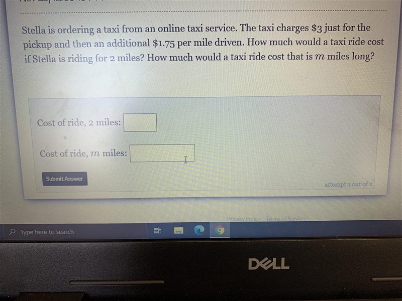 Stella is ordering a taxi from an online taxi service. The taxi charges $3 just for-example-1