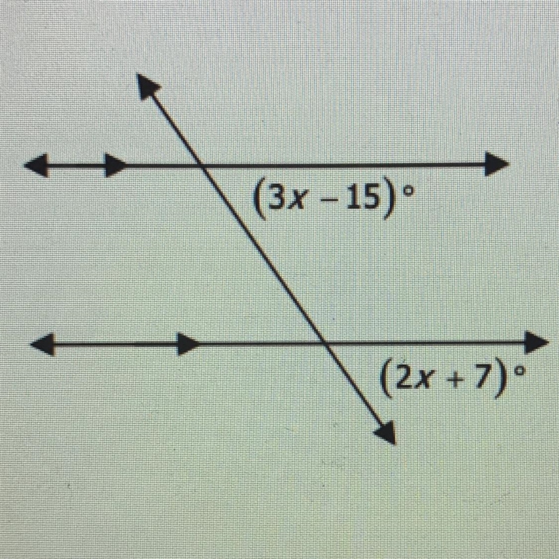 5. Find the measure of x and and the angle measure. (3x - 15) (2x + 7)-example-1