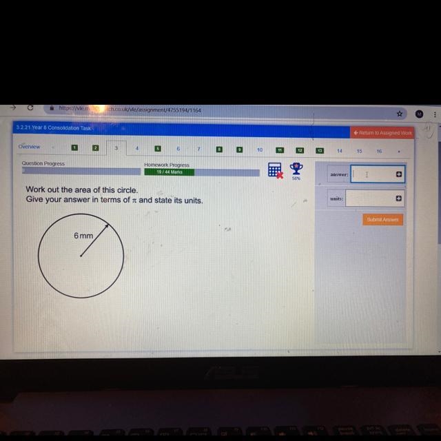 Work out the area of this circle. Give your answer in terms of it and state its units-example-1