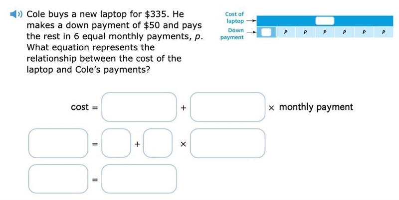 Cole buys a new laptop for $335. He makes a down payment of $50 and pays the rest-example-1