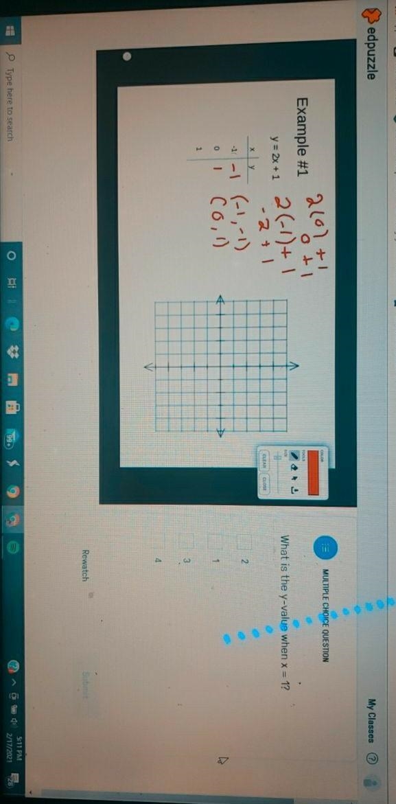 What is the y-value when x=1 a. 2 b. 1 c. 3 d. 4​-example-1