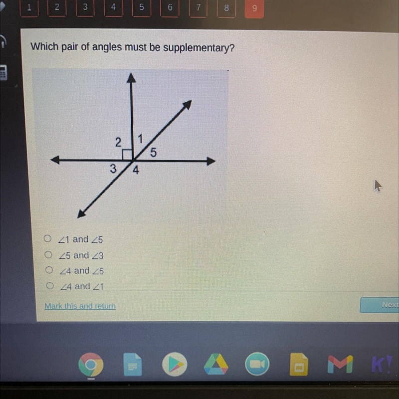 Which pair of angles must be supplementary? A. <1 and <5 B. <5 and <3 C-example-1