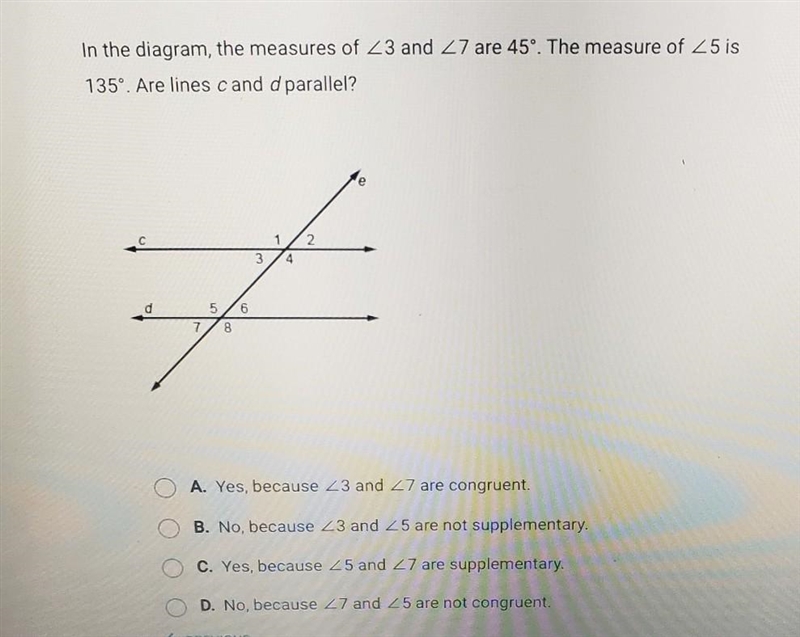 In the diagram, the measures of 23 and 27 are 45°. The measure of Z5 is 135º. Are-example-1