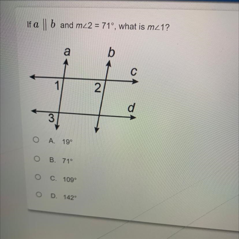 A || b and m<2 = 71°, what is m<1?-example-1