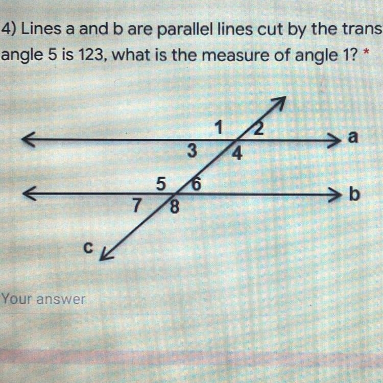 Lines A and B parallel lines cut by the transversal c. If the measure of angle 5 is-example-1